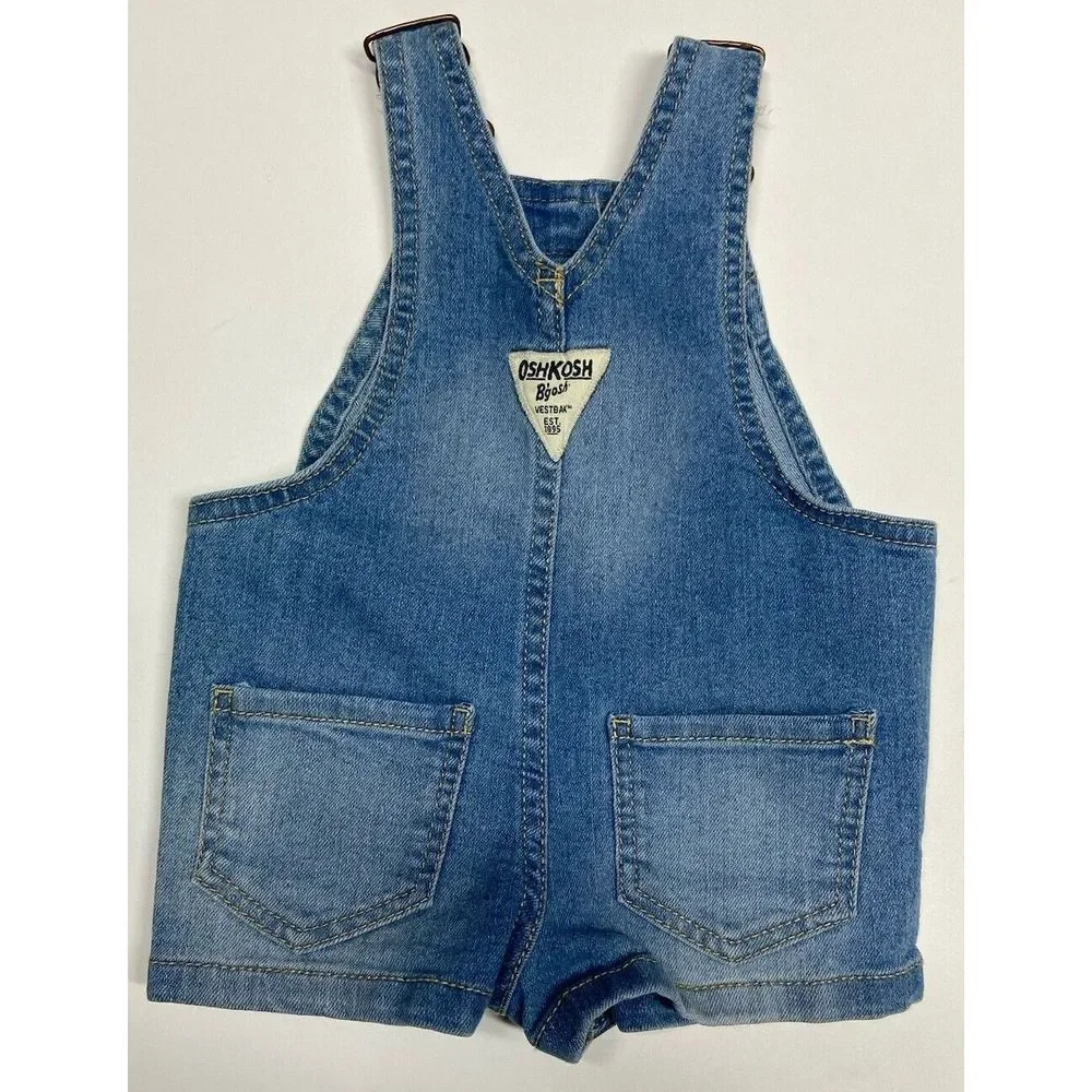 Oshkosh B'Gosh Girls‎ 6M Jean Short Overalls V-Back Floral Embroidery Light Blue